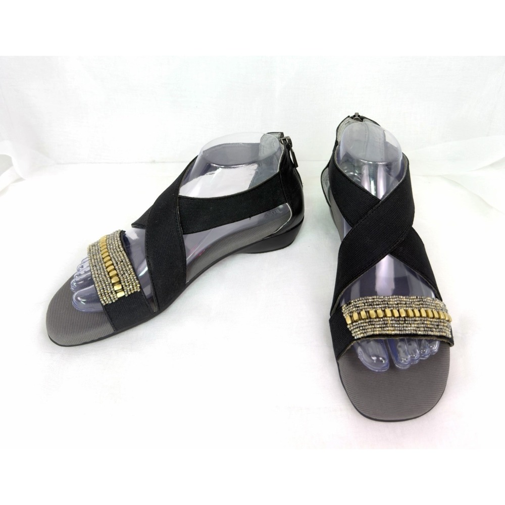 Ros Hommerson Mara Sandals Womens 7.5M Black Comfort Beaded Elastic Zip Wedge